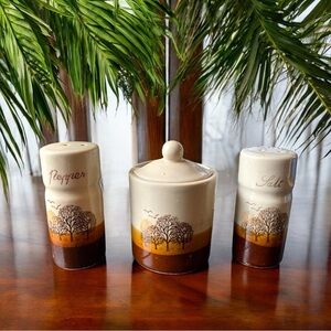 VINTAGE Brown Ceramic Salt, Pepper, Sugar, and Creamer Set with Tree Design